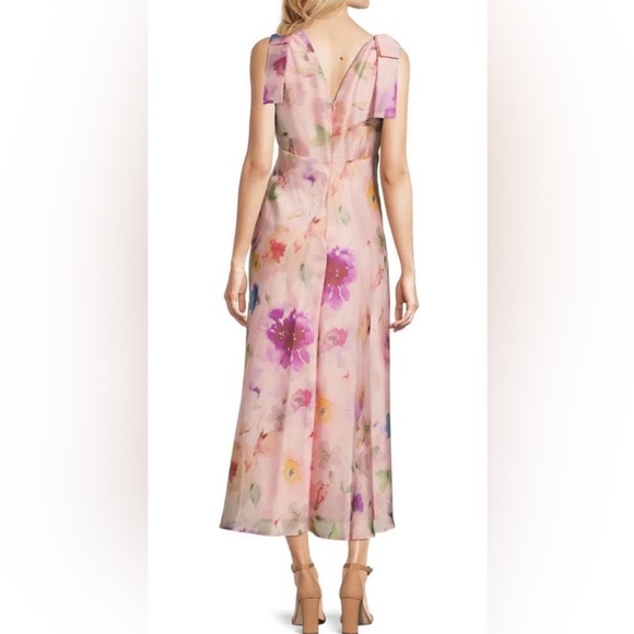 Maison Tara V Neck Pink Watercolor Floral Maxi Dress with Bow Straps size 6 $148 - Picture 2 of 16